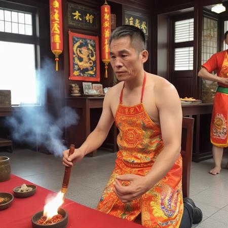 A young oracle, known as a "Ji Tong" in Taiwanese folk religion, is captured in a moment of trance-like intensity ,   <lora:houseman:0.85> ,housemanku, ku,Dressed in vibrant, traditional garments adorned with intricate embroidery and talismans, the Ji Tong is in the midst of a ritual. The setting is a bustling Taiwanese temple, filled with the smoke of incense and the fervent energy of devotees. The Ji Tong holds ritualistic tools in hand, perhaps a pair of crescent-shaped wooden blocks or a spiritual sword. The lighting is dramatic, casting shadows that accentuate the oracle's focused expression and the intricate details of the garments. The atmosphere is thick with the scent of incense and the murmurs of prayers, adding a layer of sensory depth to the image. Medium: Digital Photography. Style: Photojournalistic with a focus on cultural authenticity. Lighting: Natural temple lighting supplemented with soft, directional light to highlight the Ji Tong. Colors: Rich and vibrant to capture the essence of the ritual garments and temple decorations. Composition: A close-up shot that captures the Ji Tong and the immediate surroundings, with a blurred background to focus attention on the subject. Use photo hyper-realism, highly detailed, and high-resolution,<lora:dangi:0.6>