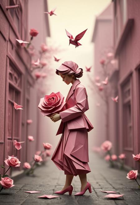 Rose,
Intricate origami-style street art featuring a heartwarming interactive figure in soft cinematic haze. Folded paper textures, geometric precision and a hazy background create a dreamlike, surreal piece with soft focus.