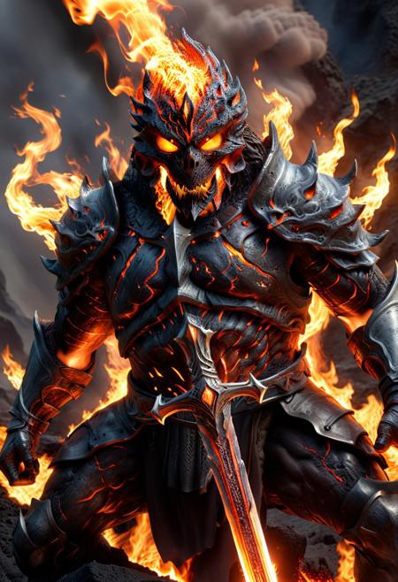 score_9, score_8_up, score_7_up, score_6_up, score_5_up, score_4_up, (absurdres, best quality, masterpiece:1.4), illustration, photorealistic, cinematic lighting, dynamic angle, perfect composition, fire, fire elemental, glowing eyes, flames, fiery sword, molten armor, blazing aura, intense heat, battle-ready, volcanic landscape, burning passion