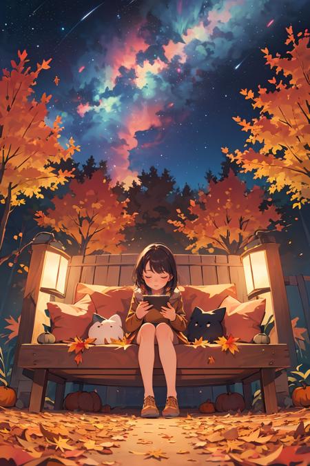 (masterpiece, best quality), 1girl, Cozy Autumn themed Galaxy, flowing, swirling Autumn colors, high contrast, bright stars, Autumn galaxy, fall decor, Autumn elements