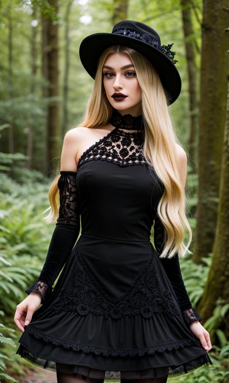 (RAW photo:1.1), (photorealistic:1.4), (best quality:1.4), SelfieAngels_Biene, (blonde hair:1.3), (goth Eyeliner, goth Eyeshadow, goth make-up, goth lipstick:1.15), beautifully detailed, professional photography, (ultra detailed), (beautiful detailed eyes:1.3), detailed face, delicate face, smooth face, (detailed facial features), absurdres, 8k, (extremely delicate and beautiful), (highly detailed skin), detailed nose, detailed mouth, physically-based rendering, high resolution, uhd, dslr, high quality, depth of field, (sharpness:1.2), film grain, Fujifilm XT3, (intricately detailed black goth dress:1.4), (standing:1.2) in the woods Realistic, hyperreal, real life, real, ultrarealistic, Realism, hyper real, ultra real