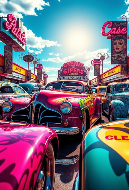 Retro-Futuristic Car Show: A vibrant display of retro-futuristic cars, each crafted with Art Deco curves and adorned with graffiti-style paintwork. The vehicles stand under a bright, photorealistic sky with neon signs and swirling Art Nouveau banners framing the scene. Reflections dance across their polished surfaces, revealing pop art-inspired details and comic book-style accents. The scene feels both nostalgic and futuristic, a celebration of speed, style, and color.