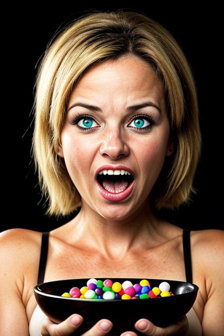 photorealistic photo of an American blonde woman causing a feeling of nauseating unease and eeriness. She is scared and offering candy from a  bowl containing all kinds of sweets, like chocolate bars. menacing, creepy, sharp_teeth, dark background. Staring into your soul with glowing eyes. 
charturnerv2, pureerosface_v1, scared expression,