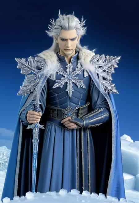 photo, high quality, best quality, masterpiece, whole body, front view,
man, thunderboltfantasy, standing, white hair, blue dress, blue eyes, (snowflake:1.2), sword made of ice, <lora:Thunderbolt_Fantasy__Pili_Puppet_Style:1> <lora:Snowflake-000007:1>