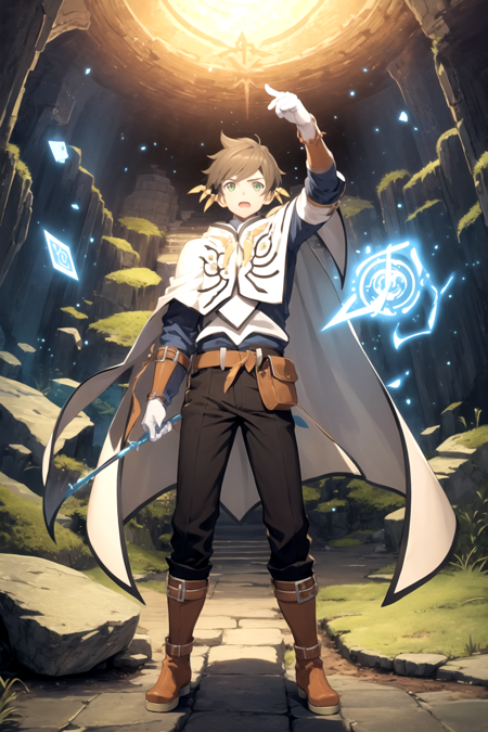 masterpiece, best quality, 1boy,  sorey,  solo, brown hair,  green eyes,  boots, cape, full body, white gloves, jewelry, earrings, male focus, casting spell, mana, spell rune, cave backgound  <lora:Sorey:1>