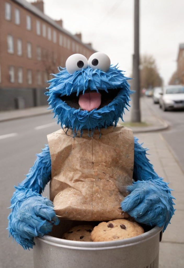 close up photo of blue fluffy fur Cookie monster holding a bitten off cookie,, looks with a grin at viewer, (lot of cookie...