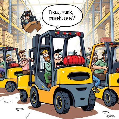 A humorous illustration of chaotic Forklift warehouse workers moving recklessly in different directions, looking disorganized and exaggeratedly clumsy. In the background, a terrified pedestrian flees with a comically exaggerated expression of fear. Bublle say "Molina" The scene is set in a bright warehouse environment, drawn in a colorful, cartoonish style, emphasizing exaggerated features and comic elements."