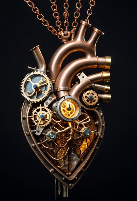 human torso with exposed ribcage of riveted brass, intricate clockwork heart with visible escapement mechanism, bioluminescent golden light pulsing through quartz crystal arteries, copper veinwork branching into glowing circuits, sad emotion shown through oxidized iron flakes falling like metallic tears, happy state via spinning platinum mainspring radiating warmth, steam venting from emotional release valves, surgical-grade steel ligaments, Victorian-era tool marks on repair patches, cinematic rim lighting emphasizing emotional duality, "Gear Up" as heart's perpetual motion drive