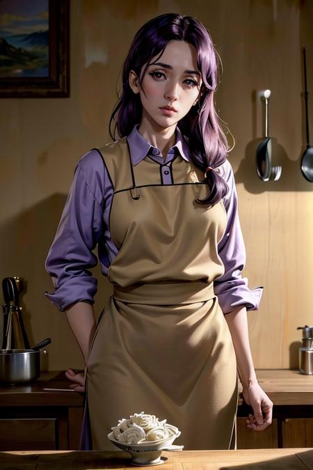 (masterpiece:1.4),(best quality:1.4),(absurdres:1.4),pin-up,okasan_Garo_aiwaifu,brown eyes,shirt ,purple hair ,apron,low-tied long hair ,collared shirt ,dress ,lips ,hair over shoulder,(absurdres, highres, incredibly_absurdres:1.4),scenery,masterpiece,