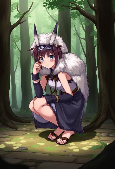 Princess Mononoke,  ,  ,  ,  San, 1girl, full body, squatting, solo, short hair, brown hair, gray eyes, headband, face paint, earrings, white sleeveless top, navy under dress, arm cuffs, fur headdress, fur cape,      , female focus, looking at viewer,  , forest,
