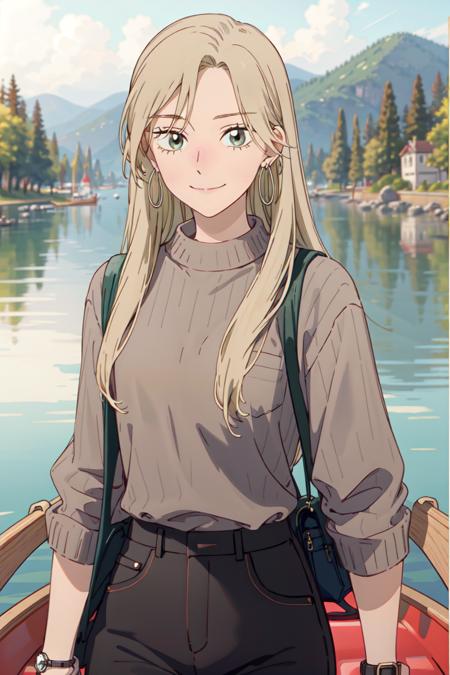 best anatomy, detailed eyes, perfect eyes, yuzukiv1, long hair, grey eyes, 1girl, solo, smile, blonde hair, simple background, medium sleeves, sweater, turtleneck, hoop earrings, brown sweater, pants, bag, watch, wristwatch, high-waist pants, upper body, portrait, Pretending to paddle a canoe, <lora:YuzukiV1:0.9>