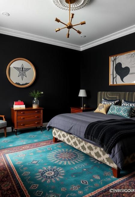 an eclectic style bedroom, black walls, contemporary patterns, teal carpet with intricate detail, wooden nightstand and king sized bed, winning, sharp focus, original, flux-style