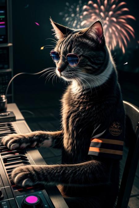 (masterpiece:1.2), (best quality:1.2), highly detailed, realistic texture, sharp details, extremely delicate and beautiful, realistic cg 8k wallpaper
Cat DJ with RGB paws, spinning tunes with keyboards, confetti and fireworks, Dark, Moody, Volumetric light, backlight,  wearing sunglasses, 
<lora:add-detail-xl:3> <lora:RGB_Keyboard_themed:1>