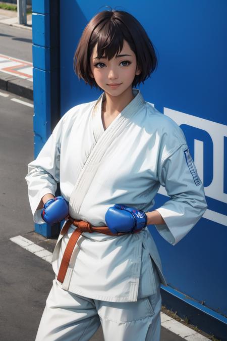 masterpiece, best quality, daitoku junna, karate gi, martial arts belt, blue boxing gloves, from above, standing, looking at viewer, smile, gymnasium <lora:junna-nvwls-v2-000010:0.8>