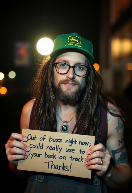 a vagabond, intoxicated, drunk. glasses john lennon style, long hairs, tattoo. green "john deere" trucker cap. holding a cardboard with written "Out of buzz right now—could really use your help to get back on track. Thanks!" dark halley light only from the full moon in bk