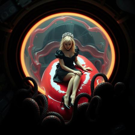 Beautiful blonde french maid is seen through giant observation blister of flying saucer. She wears flirty black glossy satin outfit and high heels, kneeling fully encased in transparent slime egg, laying at giant red liquid slime pillow in center of flying saucer cabin. entangled with tentacles  Cinematic film still, shot on v-raptor XL, film grain, vignette, color graded, post-processed, cinematic lighting, 35mm film, live-action, best quality, atmospheric, a masterpiece, epic, stunning, dramatic. view  from above, view outside flying saucer