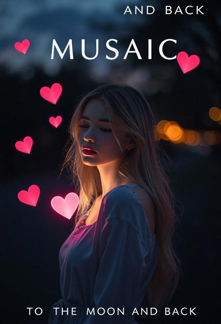 high quality design aesthetics, disco, synth pop, detailed, pop album cover, beautiful young white woman, outside in the evening, hearts floating around, magic glow, moody, bokeh background, artist name "Musaic", album title "To The Moon And Back"