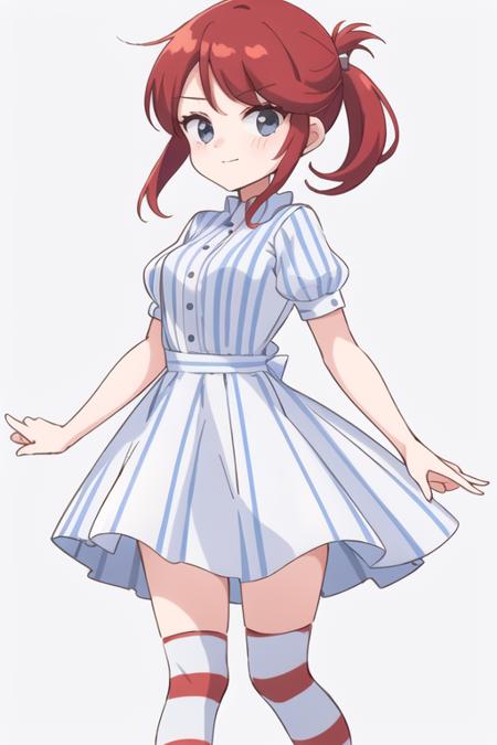 1girl,  <lora:WendyW:0.7>,  wendyw, striped socks, white and blue dress, red hair