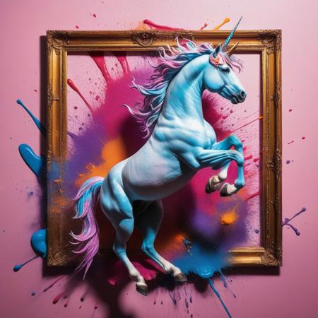 high detailed cinematic photo, breathtaking, a unicorn bursting through a picture frame, the painting is a splash of colorful paint, Jackson Polloc style, perfect lighting