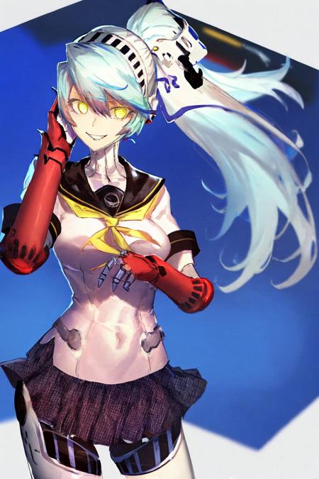 <lyco:style_ichini-10:1.0>, <lyco:persona4_labrys-10:1.0>, cowboy shot, solo, 1girl, labrys, android, robot joints, joints, (evil grin:0.9), looking at viewer, hand on own face, ponytail, yellow eyes, school uniform, serafuku, skirt