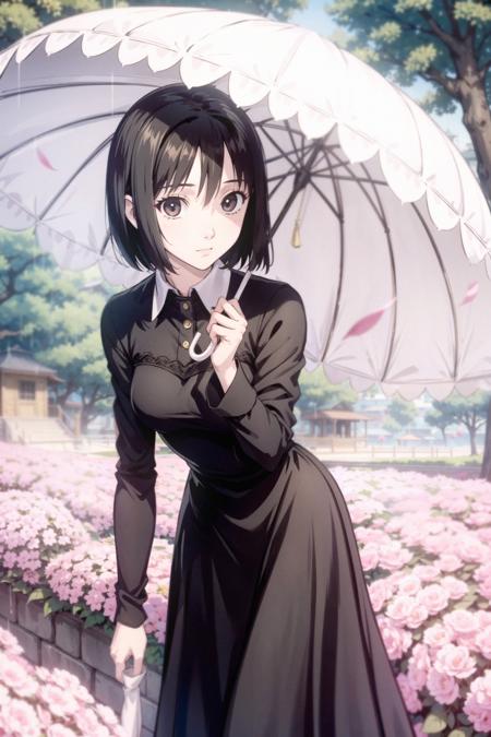 nakahara_misaki, 1girl, black dress, collared dress, cowboy shot, day, holding umbrella, white umbrella, leaning forward, long dress, long sleeves, looking at viewer, outdoors, tree, <lora:merrytail_nakahara-misaki_v10-05:1>