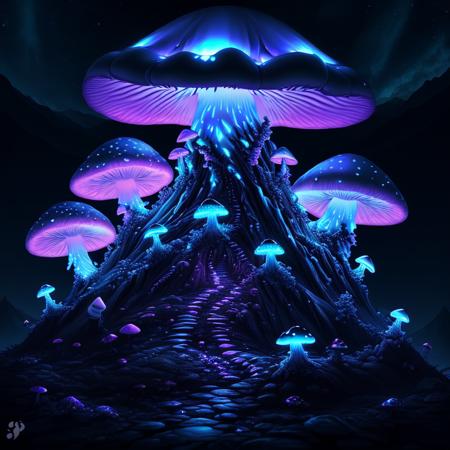 <lora:ShroomPunkAI:.6>ShroomPunkAI mountain, bioluminescence, night