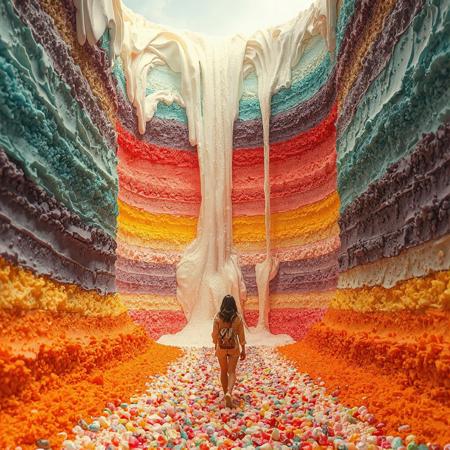 at the bottom of the multi color cake valley. a woman walking approaching wall of cake and tasting. toward viewer. The valley is made from cake and melting cream. between towering, huge cake and huge topping cream. canyon of giant layered cake. bush created from sparkling candies. pebbles of candy spread along the path. Waterfall of wine flowing out of giant bottle.
