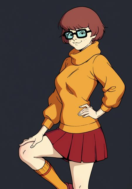 WhatsNewVelma, (score_9, score_8_up), orange sweater, red skirt, 