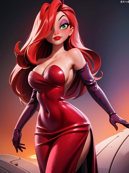 (JessicaWaifu:1),1girl, cute, looking at viewer, (red hair, green eyes), (red dress), (strapless dress, elbow gloves, red lips, makeup, cleavage), ((very curvy)),
(detailed ladscape, street:1.2), (background), (dynamic_angle:1.2), (dynamic_pose:1.2), (rule of third_composition:1.3), (dynamic_perspective:1.2), (dynamic_Line_of_action:1.2), solo, wide shot,
(masterpiece:1.2), (best quality, highest quality), (ultra detailed), (8k, 4k, intricate),(full-body-shot:1), (Cowboy-shot:1.2), (50mm), (highly detailed:1.2),(detailed face:1.2), detailed_eyes,(gradients),(ambient light:1.3),(cinematic composition:1.3),(HDR:1),Accent Lighting,extremely detailed CG unity 8k wallpaper,original, highres,(perfect_anatomy:1.2),
 <lora:JessicaRabbit_character-20:1> <lora:3DMM_V7:1>