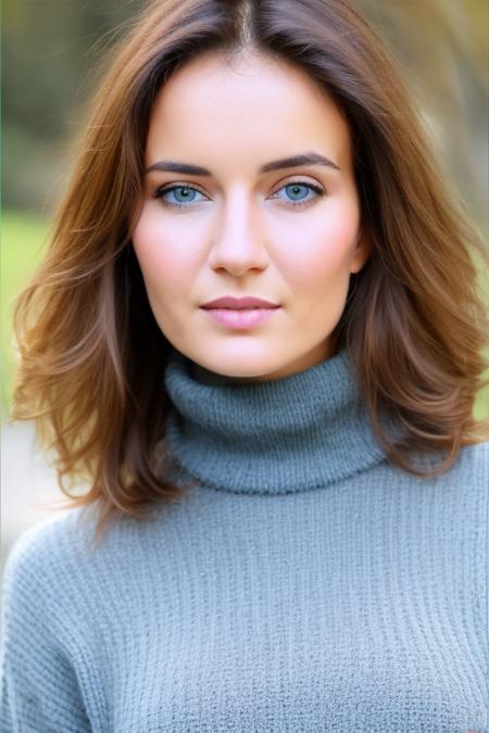 1girl, beautiful face, cute, beautiful woman, upper body, portrait, black_hair, wavy hair, blue_eyes, black_turtleneck_sweater, depth of field, outdoors, perfect face,looking at viewer, face focus, torsog, DanicaFace <lora:DanicaFace:1>