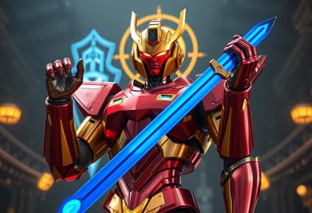A cinematic, photorealistic render of a Shinato, King of a Higher Plane robot standing proudly in the foreground. Its body is a vibrant, highly-detailed mix of polished red and gleaming shiny gold metals, showing subtle wear and intricate paneling. The robot's head is a striking gold, featuring a highly detailed red visor that glows subtly. In its right hand, it firmly grips a sword with a sharp, cool blue energy blade that emits a faint light, contrasting beautifully with the warm gold and red armor. Its left hand is raised in a powerful gesture of triumph. Behind the robot, in the mid-ground and slightly blurred, a translucent blue energy shield and a radiant yellow halo float ethereally, suggesting their presence within the atmospheric, slightly out-of-focus Secret Village of the Spellcasters background. The composition is impeccable, using a Creative Angle and Golden Ratio for a sense of depth and perspective, focusing intently on the robot's Dynamic Action Pose. Lighting is Captivating, with strong highlights on the polished surfaces and subtle environmental reflections. Rendered with Exceptional Quality, 4K resolution, Lifelike Details on materials, Handcrafted with Precision. Octane Render, Unreal Engine 5, CGSociety, Artstation Trending on ArtstationHQ. No text in the image.