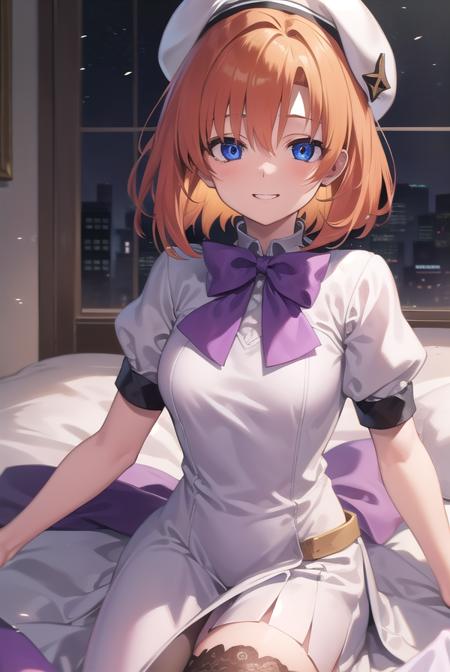 renaryuuguu, <lora:renatest:1>,
rena ryuuguu, orange hair, short hair, blue eyes, smile, grin, (small breast:1.2),
BREAK beret, black thighhighs, bow, bowtie, dress, hat, puffy short sleeves, puffy sleeves, purple bow, purple bowtie, short sleeves, thighhighs, white dress, zettai ryouiki,
BREAK looking at viewer,
BREAK indoors, bed,
BREAK <lora:GoodHands-vanilla:1>, (masterpiece:1.2), best quality, high resolution, unity 8k wallpaper, (illustration:0.8), (beautiful detailed eyes:1.6), extremely detailed face, perfect lighting, extremely detailed CG, (perfect hands, perfect anatomy),