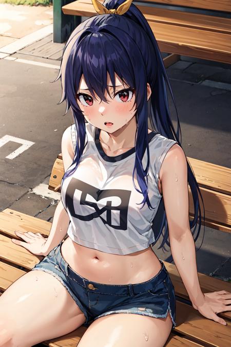 masterpiece, best quality, highres, aakogetsu, long hair, hair ponytail, hair ribbon, <lora:homura_kogetsu_v1:0.7>, shirt, short shorts, midriff, sweat, bench, sitting