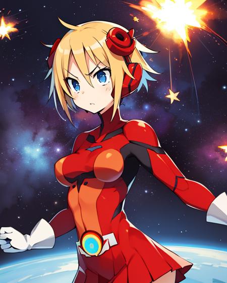 Piyori , short blonde hair,blue eyes , solo  standing, posing, serious expression, upper body, 
Nijino,red bodysuit ,skin tight,white gloves,hair ornament,small skirt, 
outer space, stars, colorful explosions in background, 
(insanely detailed, beautiful detailed face, masterpiece, best quality)  <lora:PiyoriNijino:0.8>