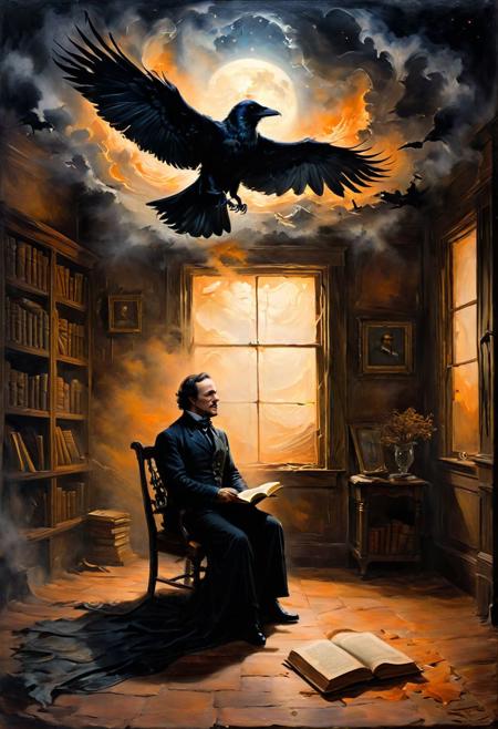 A hauntingly beautiful oil painting capturing the essence of Edgar Allan Poe's "The Raven." The canvas depicts a dimly lit room where a lone figure sits, immersed in the pages of the book, while a spectral raven looms overhead. Shadows dance across the walls, and the air is thick with a sense of foreboding. The painting evokes the eerie atmosphere of Poe's tale, with rich colors and intricate details that draw the viewer into its macabre world