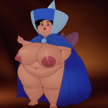 short, overweight, woman, blue dress, blue cloak, blue hat, black hair, fairy wings on her back