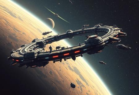 "The Glitter Band in the year 2487, possibly the most impressive technological, political, and social experiment ever conducted. All in all, ten thousand different space habitats of varying size and complexity, clustered together in orbit, in the form of an an (((artificial orbital ring encircling the yellowstone planet))), located in the epsilon eridani system. In total, the various habitats of the orbital ring were home to over one hundred million human souls, their society kept together by demarchist principles, through a system of governance determined by subconscious polling conducted via neural implants. Their technology so advanced, that it would almost seem like magic to us." ((cinematic scifi concept-art illustration))