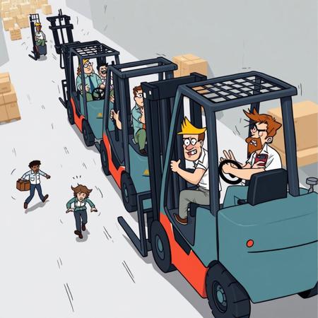 A humorous illustration of chaotic Forklift warehouse workers moving recklessly in different directions, looking disorganized and exaggeratedly clumsy. In the background, a terrified pedestrian flees with a comically exaggerated expression of fear.