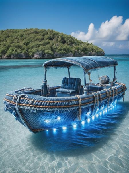 a LED fishing boat made out of ral-jeans <lora:ral-jeans-sdxl:1> in perfect caribic water on an island