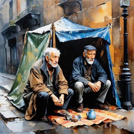 a makeshift beggar's tent on a sidewalk, built out of a patchwork of tattered tarps and dilapidated cardboard walls, destitute but happy old couple inside, by Thomas Wells Schaller :: Leonid Afremov :: Carne Griffiths :: Russ Mills