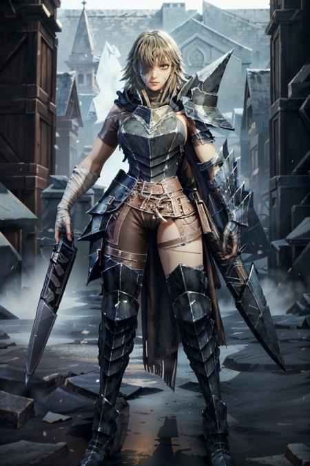 (masterpiece, best quality)
SoulsticeBriar, 1girl, solo, breasts, looking at viewer, short hair, blue eyes, thighhighs, gloves, standing, full body, weapon, boots, belt, sword, armor, high heels, lips, dutch angle, colored skin, scar, eyepatch, shoulder armor, gauntlets, high heel boots, pauldrons, blue theme, breastplate, armored boots, asymmetrical clothes, greaves, greatsword
<lora:epi_noiseoffset2:1>  <lora:add_detail:0.7>   <lora:SoulsticeBriar:1>