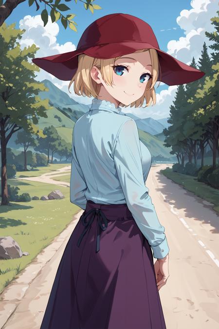 hayasakamama, blonde hair, blue eyes, parted bangs, short hair long sleeves, blue shirt, purple skirt, long skirt, ruby brooch red hat maid, waist apron, black dress, white shirt, white ascot, white apron, vest, blue brooch, long sleeves,  medium breasts, 