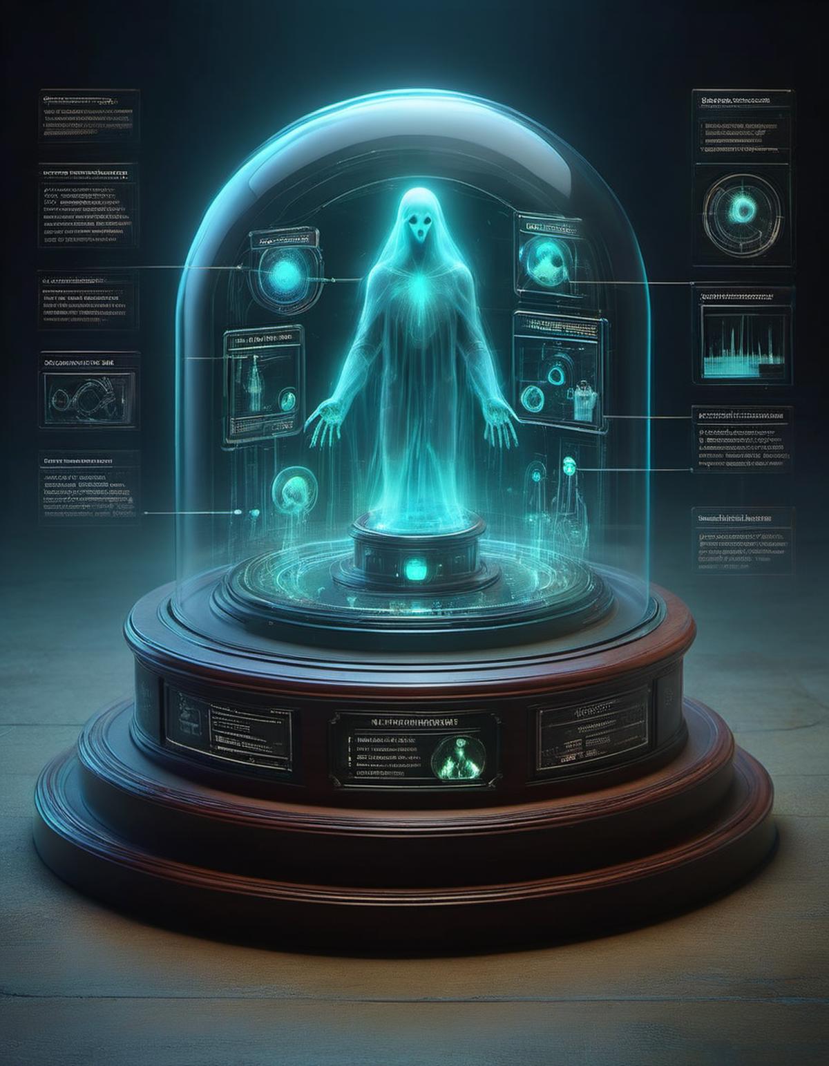 rounded domed top display case with a glowing ectoplasmic aether ghost in a darkened ghost busters laboratory environment