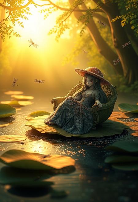 A melancholic, fairy-like mushroom creature with long, flowing hair and a beautifully intricate gown sits on a large, delicate lily pad. She rests on a sofa made of intricately woven leaves, gazing wistfully into the distance. Time seems to slow around her, as the golden sunlight filters through the trees and reflects off the sparkling lake water. Dragonflies and small insects lazily circle around her, creating a serene yet melancholic atmosphere. The scene is bathed in warm, gentle light, as the tranquil lake shimmers under the soft afternoon sun, emphasizing her pensive mood.