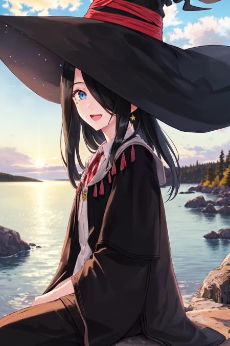 flanmajonotabitabi, 1girl, mature female, open eyes, blue eyes, smile, mole under eye, bangs covering one eye, sea, open mouth, happy, star brooch, red ribbon, upper body, sitting on rocks, black hair, long hair, <lora:envybetterhandsLocon_beta2:1.0>, black witch robe, white shirt, witch hat with star decoration, mature female, impressionism, chromatic aberration, pastels, black robe, real world location, cliff, seashore, maine, national park view point, acadia national park, autumn, sunlight, dappled sunlight, teacher,