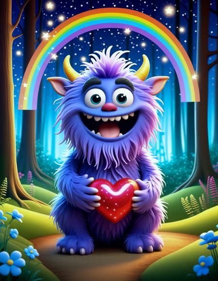 Once upon a time in a magical forest, there lived a cute, fluffy monster named Fizzle. With big, sparkling eyes and a heart-shaped nose, Fizzle loved to spread joy and laughter. Every night, he would gather the forest creatures to share stories and dance under the twinkling stars. Despite his silly appearance, Fizzle had a special gift: he could make flowers bloom with a single giggle! One day, he set out on an adventure to find the legendary Rainbow Blossom, a flower said to grant wishes. What whimsical encounters and delightful friends would he meet along the way?