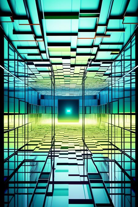 a room with a lot of glass cubes , indoors, no humans, window, traditional media, scenery  , cyberspace_background