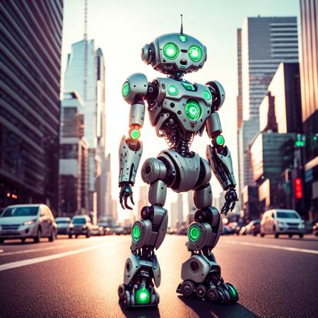 photo, a robot with green eyes standing in front of a city (Robotpunks style:1)  <lora:djzRobotpunksV21:0.8>