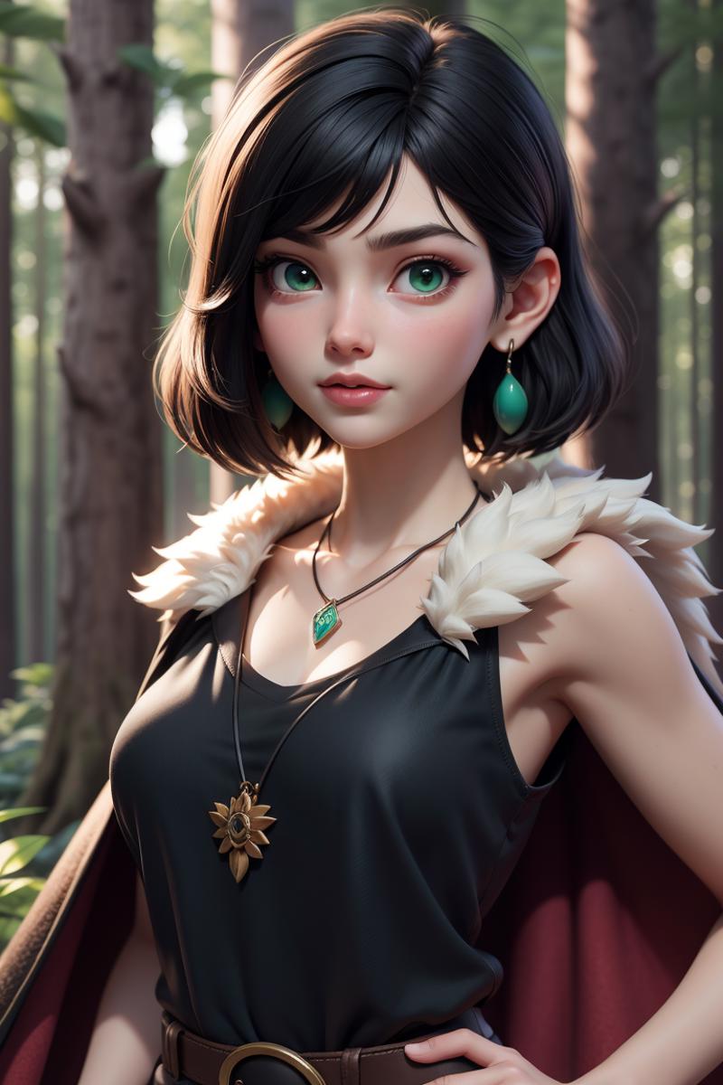 A cartoon character with green eyes and a green pendant necklace.