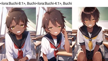 masterpiece, best quality, masterpiece,<lora:Buchi-8:1>, Buchi, 1girl, solo, detailed background, classroom, 
school uniform, serafuku,  
very short hair, brown hair, spiked hair, spiked up hair, tomboy, freckles, yellow eyes, tan, dark skin,
(head resting on hand), looking at viewer, sitting at desk, grin, half-closed eyes,